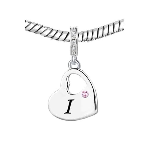 KunBead Initial A-Z Letter Pink Heart Alphabet Birthday Dangle Love Charms Compatible with Pandora Charm Bracelet for Auntie Friend Sister Mom Daughter Nana Granddaughter Wife - style: Letter I