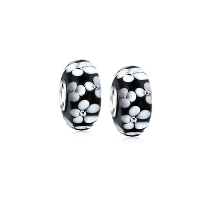 Bling Jewelry .925 Sterling Silver Murano Glass Floral Blue Green Pink Red Black White Flower Spacer Charm Bead For Women Teen for Bracelet - color: Black Set