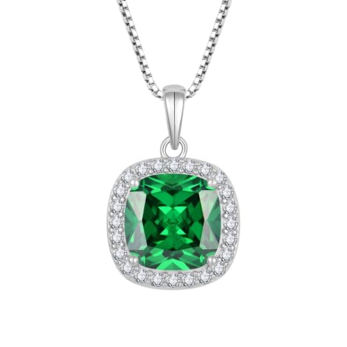 Birthstone Necklace for Women 925 Sterling Silver Princess Cut Halo Necklace Pendant Jewelry for Mom Wife - color: Green