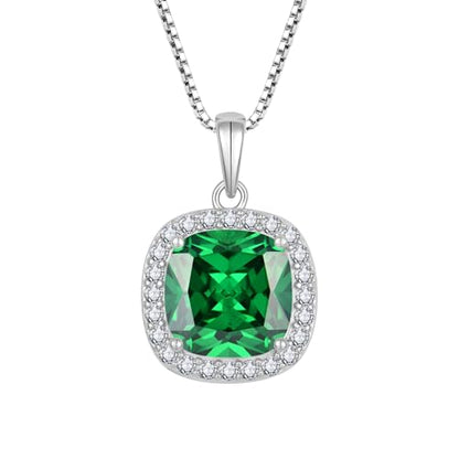 Birthstone Necklace for Women 925 Sterling Silver Princess Cut Halo Necklace Pendant Jewelry for Mom Wife - color: Green