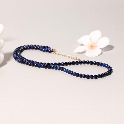 Simple 4mm Gemstones and Crystals Choker Necklace Unisex 16"-18" | Necklaces for Women Men, Adjustable, 40-45 cm Chain Length, Handmade, Spiritual Gemstones, Positive Energy, Daily Wear - style: Blue Tiger's Eye