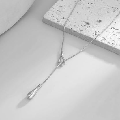 Y Shaped Water Drop Pendant Necklace for Women Adjustable Y Sliding Lariat Charm Necklace Fashion Stainless Steel Snake Chain Teardrop Jewelry Gift - color: Silver