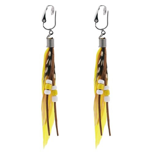 Aloha Earrings-Clip On Real Feather Earrings-Dangle Clip On Earrings Tassel Long Clip Earrings Bohemian - color: Yellow Feathers