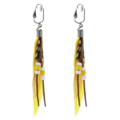 Aloha Earrings-Clip On Real Feather Earrings-Dangle Clip On Earrings Tassel Long Clip Earrings Bohemian - color: Yellow Feathers
