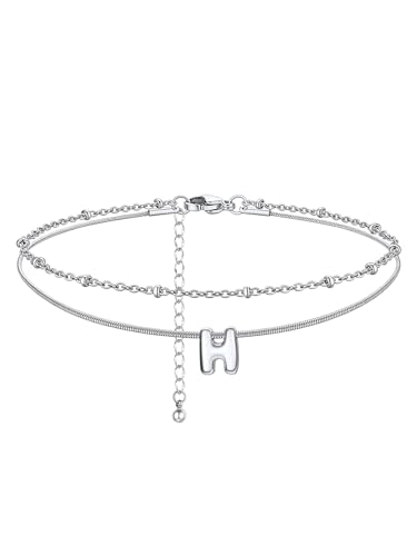 ChainsHouse Initial Ankle Bracelets for Women Waterproof, 14K Gold Plated Layered Initial Anklets Non Tarnish, Adjustable Stainless Steel Women's Ankle Summer Beach Foot Jewelry - color: Stainless Steel, size: Initial H