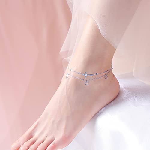 Flyow Anklet for Women S925 Sterling Silver Adjustable Foot Beaded Heart Charm Ankle Bracelet Anklets Jewelry - style: cross and heart