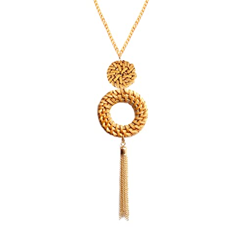 COLORFUL BLING Handmade Braided Rattan Straw Wicker Y-Shaped Long Chain Tassel Necklace Wooden Beads Statement Lanyards Pendant Necklace Women Jewelry (double1)