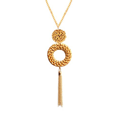 COLORFUL BLING Handmade Braided Rattan Straw Wicker Y-Shaped Long Chain Tassel Necklace Wooden Beads Statement Lanyards Pendant Necklace Women Jewelry (double1)