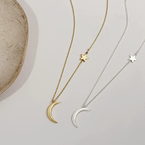 14k Gold/Silver Plated Crescent Moon Necklace Tiny Moon and Star NecklaceDainty Sun Leaf Necklace Gold Pendant Necklace for Women Delicate Minimalist Jewelry - color: Moon Star-Gold
