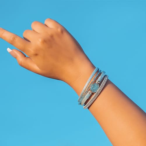Boho Chunky Leather Wrap Bracelets Stackable Beaded Western Country Jewelry | Crystal Bead Trendy Layered Cuff Magnetic Clasp Stack Bohemian Statement Costume Outfits Cowgirl Fashion Hippie Accessories - color: Teal, size: 7.7"