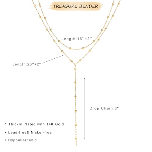 Lariat Gold Necklace for Women Dainty Long 14K Gold Plated Y-Shaped Body Chain Choker Necklace Trendy Non Tarnish Pendant Simple Layered Necklaces Gold Jewelry for Women Set Gift - color: Double Gold Beaded Necklace