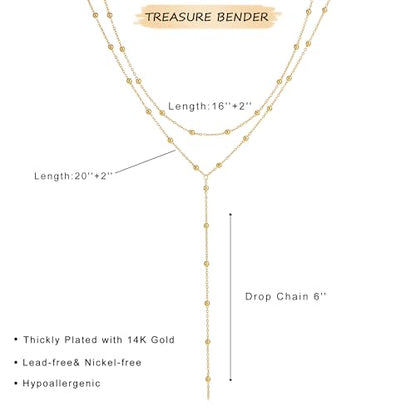 Lariat Gold Necklace for Women Dainty Long 14K Gold Plated Y-Shaped Body Chain Choker Necklace Trendy Non Tarnish Pendant Simple Layered Necklaces Gold Jewelry for Women Set Gift - color: Double Gold Beaded Necklace