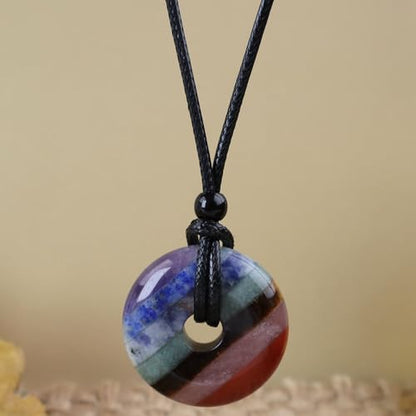 Anjiucc Natural Gemstone Pendant Necklce Lucky Coin Crystal Necklace Donut Pendnat with Adjustable Rope Healing Crystal for Men - color: 7 Chakras