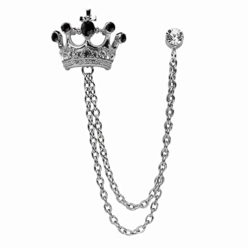 Crystal Crown Hanging Chain Brooch Suit Pin,Vintage Gold Crown Brooch,Suit Stud,Shirt Studs,Lapel Pin Accessories for Men Women - color: Silver Black