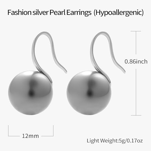 Pearl Drop Earrings for Women | S925 Sterling Silver-plated Hook Dangle Earrings, Lightweight Hypoallergenic Classic Round Pearl Jewelry Gift - color: Silver Hook-Gray Pearl, size: 12mm
