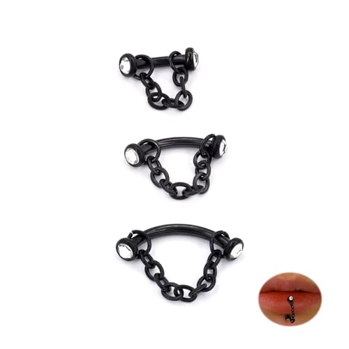 3 Pcs 316L Stainless Steel 16G Tragus Helix Rook Piercing Jewelry with Chain, Cartilage Earrings for Women, Belly Button Ring Vertical Labret Lip Piercing Jewelry - color: Black, size: Full Setting