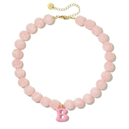 DoDoBeads Chunky Colorful Beaded Initial Necklace, Bubble Letter Choker | Gift box and dust pouch included; waterproof and sweat-resistant with real gold plated stainless steel hardware - color: Pink-B