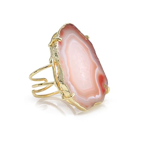 Natural Agate Geode Slice Crystal Gemstone Free-Form Stone Ring Gold Electroplated Adjustable Rings for Women stone Size 30-40mm - color: Orange