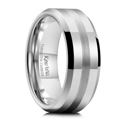 King Will Classic Tungsten Carbide Ring Brushed Two Grooved Center Hammered Design Mens Wedding Band for Men | Black/Silver/Gold, 8mm, Men's Wedding Band, Grooved, Comfort Fit, Everyday Wear - color: A-Silver 8mm