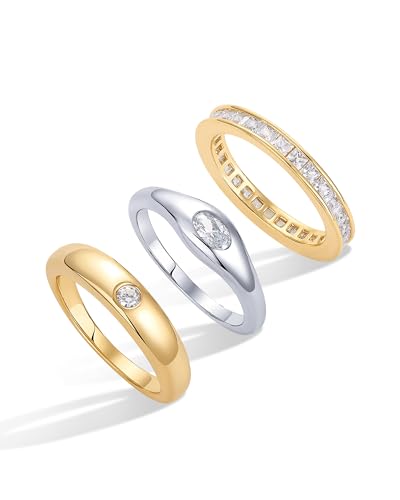 PAVOI 14K Gold Plated Stackable Rings for Women - Dainty Stackable Gold Ring Set of Three with Cubic Zirconia Multi-Bands - Trendy Fashion Jewelry - color: White And Yellow Gold