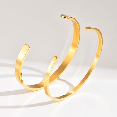 Stainless Steel Mens Cuff Bracelet : Minimal Cool Silver/Black/Gold Plated Open Metal Cuff Bangle Bracelets for Men,Mens Bracelet Jewelry Gift - color: Gold Plated-2-Pack, size: Medium( fit 5.5"-7.2" wrist)