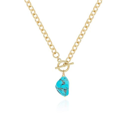 Zeffy 14K Gold/Silver Plated Chunky Thick Chain Toggle Clasp Necklace Dainty Baroque Pearl/Heart/Cross/Turquoise Pendant Necklace - color: Gold Turquoise Necklace