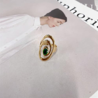Vintage Green CZ Oval Statement Adjustable Open Rings for Women Stainless Steel Gold Plated Dainty Crystal Swirl Geometric Stackable Finger Band Rings Comfot Fit Fashion Trendy Jewelry