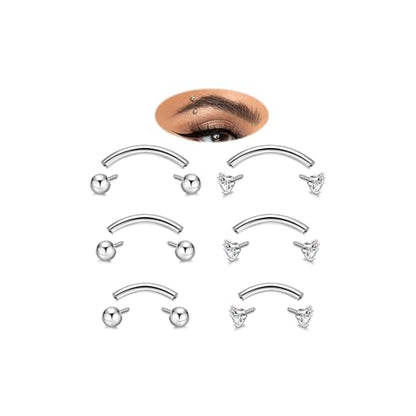 6PCS 16G G23 Titanium Eyebrow Piercing Jewelry for Women Curved Barbell Tiny Eyebrow Ring Vertical Labret Belly Lip Tongue Ring Internally Threaded Rook Tragus Daith Earring 6/8/10mm - color: Silver B