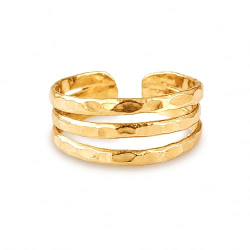 Gold Plated Toe Ring for Women, Adjustable Open Band, Handmade | Fits Toe, Knuckle or Pinky Ring | One Size Fits Most | Comfortable to Wear | Minimalist Style | Water Resistant - color: Triple Band Thick