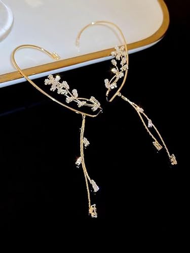 2PCS Flower Tassel Zircon Earrings Ear Cuffs No Piercing Flower Climber Wrap Around Earrings Pearl Drop Earrings for Women Fairy Ear Clip Dainty Wedding Earrings for Brides - color: Style 2 - Gold