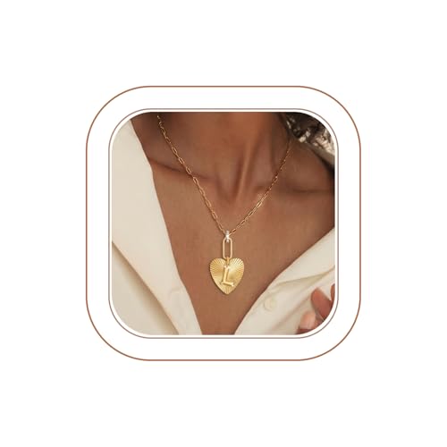 Tredny Heart Initial Necklace - 14K Gold Plated Zirconia Letter A-Z Necklaces for Women, Dainty Initial Heart Charm, Womens Gold Jewelry Personalized Anniversary Birthday Gifts - color: L