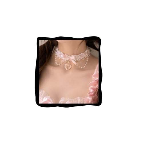 Lace Choker Necklace for Women White Lace Tassel Pendant Choker Necklaces Vintage Boho Collar Necklaces Statement Artistic Palace Princess Chain Necklace Pearl - color: Pink Bow