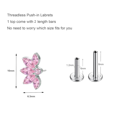 1pcs 16G 18G G23 Titanium Threadless Labret Studs Push-in Labret Lip Cluster Tragus Helix Conch Lobe Rook Cartilage Push Back Piercing Jewelry Earring - style: 5eye-Pink