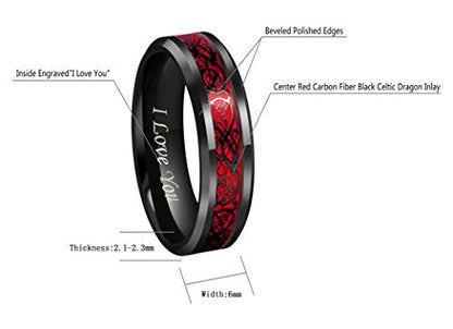 CROWNAL Black Dragon Men Black Tungsten Carbide Ring Wedding Band 6mm 8mm 10mm Red Carbon Fiber Black Celtic Dragon Inlay Engraved I Love You Size 7 to 17 - color: 6mm Red Carbon Fiber