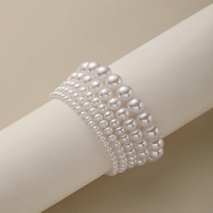 Pearl Bracelets for Women Simulated Pearl Beaded Bracelet White Pearls Stackable Stretch Bracelet Set Multilayered Elastic Pearls Bracelets for Women Bridesmaid Bridal Jewelry - color: pearl