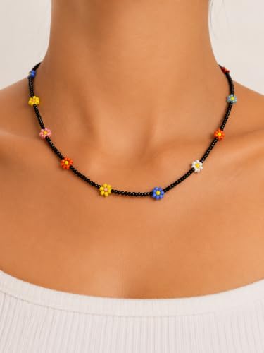 Handmade Colorful Flower Beaded Choker Necklace Black Seed Bead | Adjustable Lobster Clasp, Daisy Floral Accents, Lightweight Daily Wear, Boho Style, Women & Girls