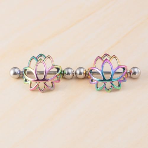 14G Stainless Steel Lotus Nipple Rings for Women Silver Black Colorful Flower Floral Nipple Shield Ring Straight Bar Nipplerings Nipple Barbell Body Piercing Jewelry - color: Silver