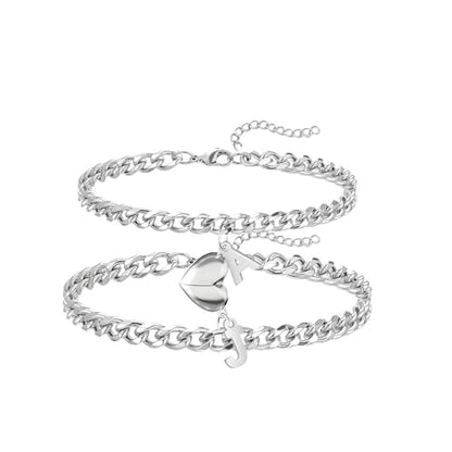 Matching Couple Initial Bracelets, Silver Stainless Steel Cuban Link - color: For Her