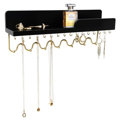 Hanging Jewelry Organizer with 29 Hooks and Cosmetics Shelf, Modern Wood Wall Mounted Jewelry Holder for Necklaces, Bracelets, Earrings and Rings, Black - color: Black