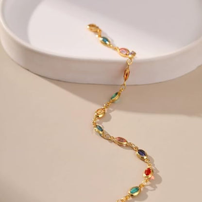 Dainty Gold Bracelets for Women, 18 Gold Plated Adjustable Evil Eye/Butterfly/Beaded/Pearl/Heart/Turquoise Handmade Bracelet for Women - style: oval colorful cubic zirconia