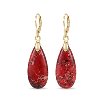 Natural Healing Teardrop Stone Leverback Dangle Drop Earrings Statement Gold earrings - color: Red -Gold