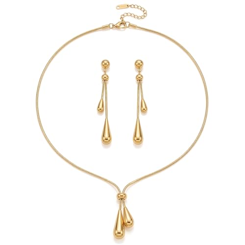 Stainless Steel Teardrop Jewelry Set for Women | Gold Plated Teardrop Jewelry Set for Women,Tarnish Dainty Lariat Necklace,Drop Earrings,Bridal Gift for Wedding Valentine - color: Style 1