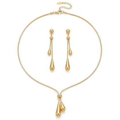 Stainless Steel Teardrop Jewelry Set for Women | Gold Plated Teardrop Jewelry Set for Women,Tarnish Dainty Lariat Necklace,Drop Earrings,Bridal Gift for Wedding Valentine - color: Style 1