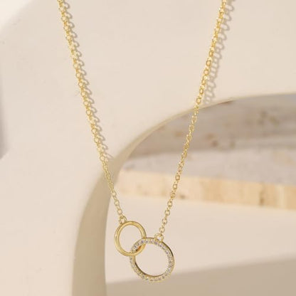 Gold Necklace for Women, 14K Gold Plated Cubic Zirconia Pendant Necklace, Dainty Heart Moon Circle Paperclip Jewelry for Layering, Everyday Birthday Gift - color: Gold Interlocking Circle