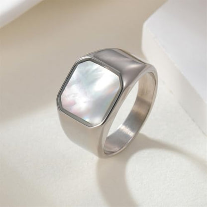 PAURO Men's Stainless Steel Minimalist Square Shell Stone Crystal Signet Ring Plated Glossy Wedding Band - color: Silver