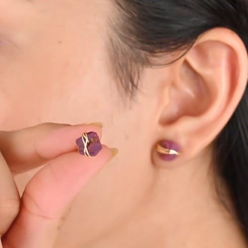 Gempires Wire Wrapped Raw Gemstone Stud Earrings for Women, Birthstone | Handmade wire-wrapped raw gemstone stud earrings — choose from stones and birthstones, artisan raw crystals on gold. - style: Ruby