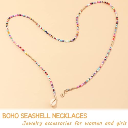 Boho Beaded Choker Necklace with Cowrie Shell Pendant – Colorful Seed Bead Layered Beach Necklace for Women, Buckle