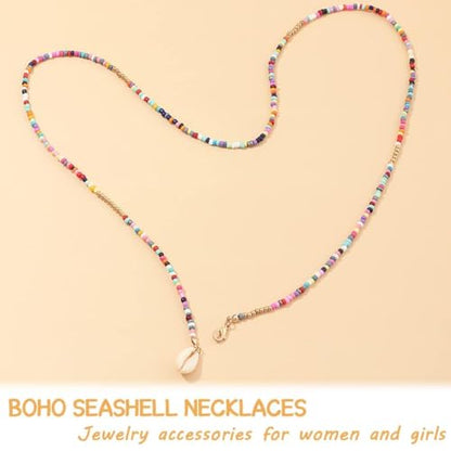 Boho Beaded Choker Necklace with Cowrie Shell Pendant – Colorful Seed Bead Layered Beach Necklace for Women, Buckle