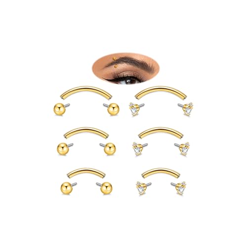 6PCS 16G G23 Titanium Eyebrow Piercing Jewelry for Women Curved Barbell Tiny Eyebrow Ring Vertical Labret Belly Lip Tongue Ring Internally Threaded Rook Tragus Daith Earring 6/8/10mm - color: Gold B