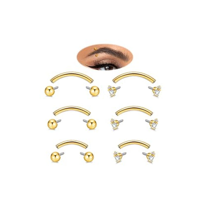 6PCS 16G G23 Titanium Eyebrow Piercing Jewelry for Women Curved Barbell Tiny Eyebrow Ring Vertical Labret Belly Lip Tongue Ring Internally Threaded Rook Tragus Daith Earring 6/8/10mm - color: Gold B